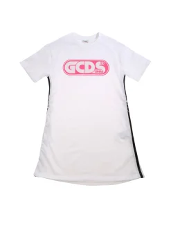 Abito bianco con logo fucsia