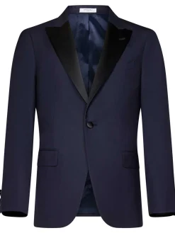 Abito blu navy in lana vergine e raso nero