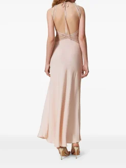 Abito lungo beige svasato con pizzo