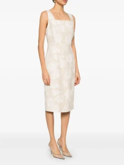 Abito midi beige con rose e fessura