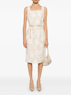 Abito midi beige con rose e fessura