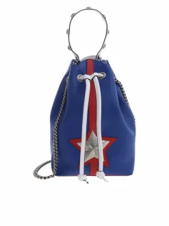 Borsa a secchiello in pelle blu con tracolla