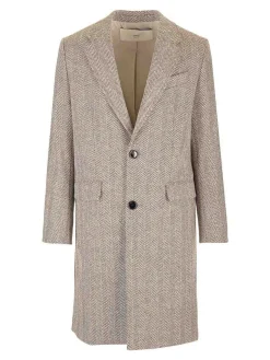 Cappotto in tessuto a spina di pesce marrone