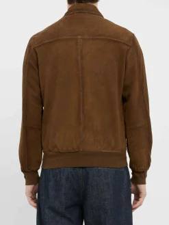 Giacca in pelle scamosciata marrone con zip