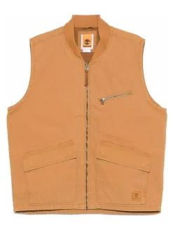 Gilet beige in cotone con tasche e zip
