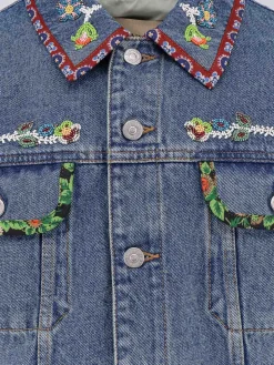 Giubbino Denim Con Ricami Multicolor