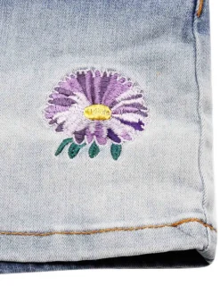 Gonna in denim con ricamo fiore blu