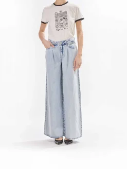 Pantaloni in denim blu gamba larga