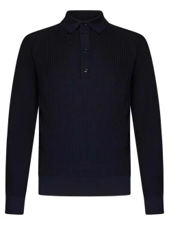 Polo a maniche lunghe in lana blu navy