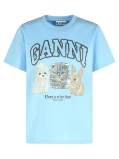 T-shirt stampa in cotone blu Chambray